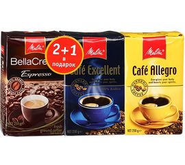 Подарочный набор: BellaCrema Espresso 250 г, Excellent 250 г и Allegro 250 г в подарок, 750 г х 8 (2+1), Melitta, фото 1