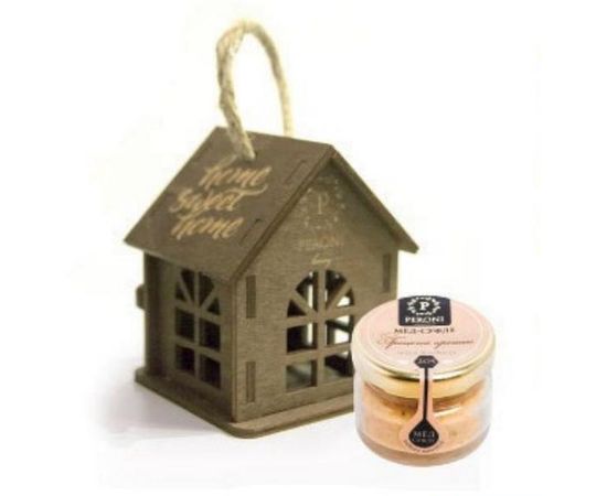 Деревянная коробочка - домик, подвеска на ёлку + баночка мёда-суфле, 30г, Peroni Honey, фото 1