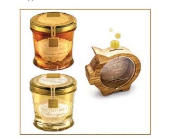Набор Honey Gold №5 (Чистый мед Липа амурская 290гр, Гречишный с сотами 290г, копилка деревянная), Peroni Honey, фото 1